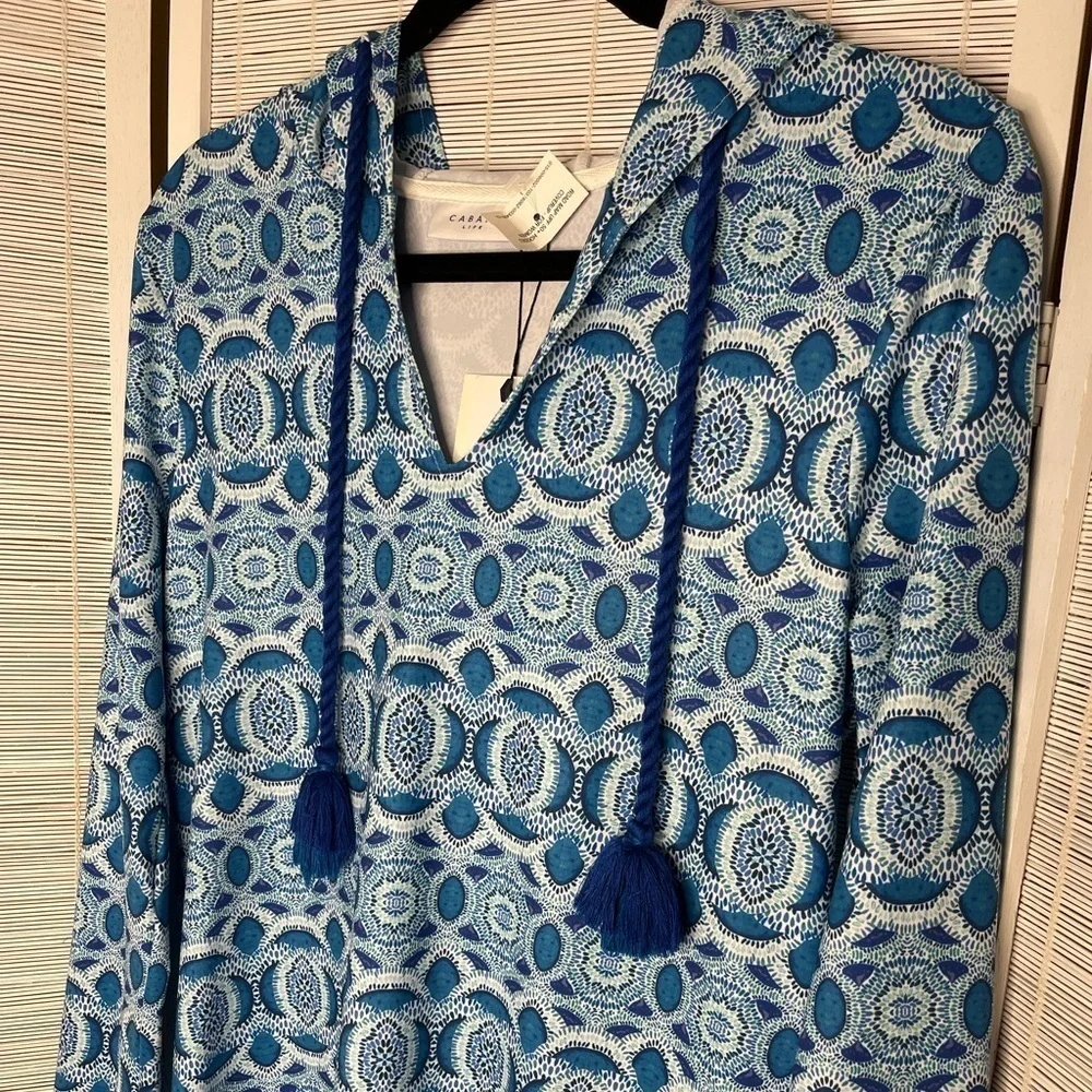 Cabana Life Road Map Hooded UPF 50 Coverup Blue White Tassel Tie NWT Size S